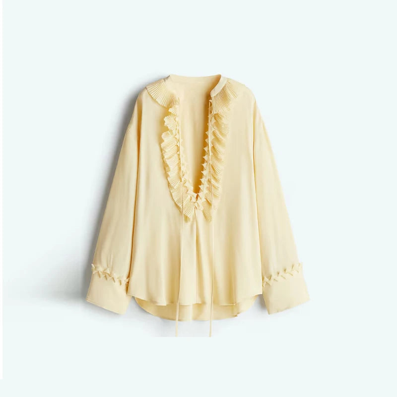 V-Neck Lace Up Shirt Top Yarn Skirt Set Ruffle Pleated Waist Cinched Flared Sleeve Loose Shirts Elastic Waist Blouse Long Skirts