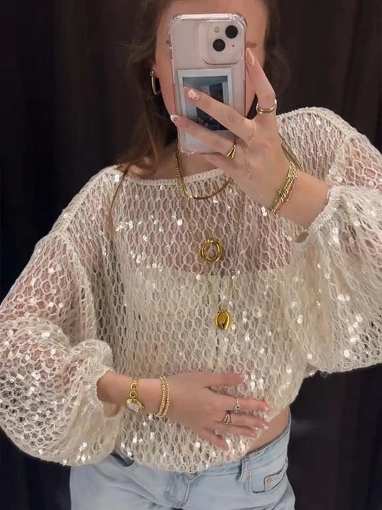 Sequin Mesh Top T-Shirt Knitted Hollowed Out Beads Sparkling Round Neck Long Sleeves Loose Women Short Blouse Knitwear Pullover