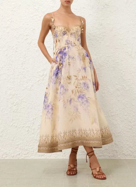 Zimm Bohemian Vintage Luxury Silk Linen Floral Printing Spaghetti Strap Midi Women Dress Chic European High Quality  Sexy Sweet