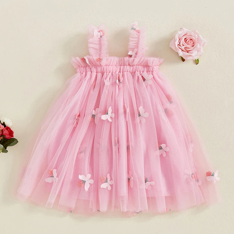 Girls Sleeveless Floral Embroidered Tulle Princess Dress with Butterfly Detail - A-Line Summer Slip Dress for Toddlers