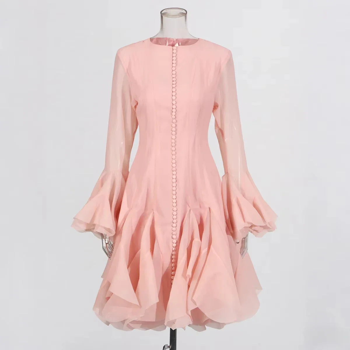 TWOTWINSTYLE Solid Slimming Spliced Folds Dresses for Women Round Neck Long Sleeves Patchwork Buttons Dress Female Clothing New