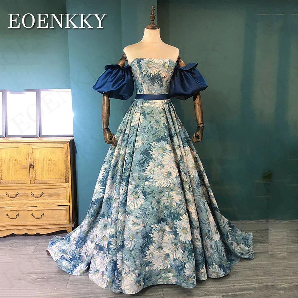 EOENKKY Luxury Floral Print Prom Dresses Blue Removable Puff Sleeves A Line Evening Gowns Formal Floor Length Korean Customized