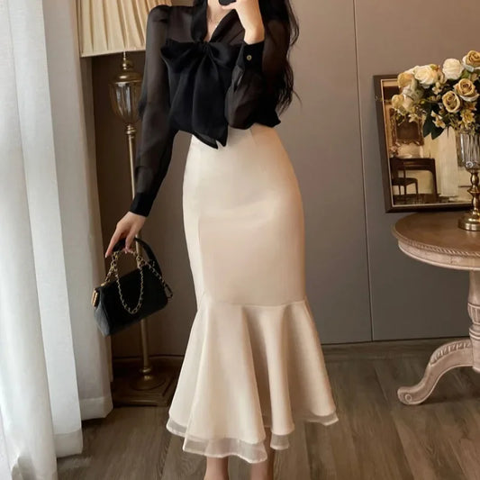 Maxi Sexy Women's Two Piece Set Party Black Long Sleeve Skirt Female Outfits Slit Vintage Clothing New Arrivals in The Same Full