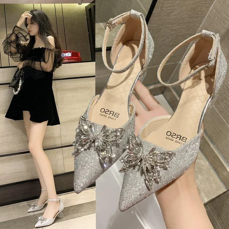 Crystal Silver Footwear Pointed Toe Women's Shoes Summer 2024 Thick Heel Sandals for Woman with Medium Heels Bow Anti Slip Hot F