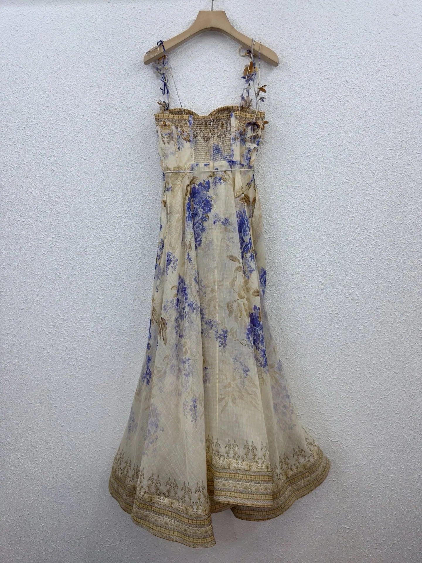 Zimm Bohemian Vintage Luxury Silk Linen Floral Printing Spaghetti Strap Midi Women Dress Chic European High Quality  Sexy Sweet