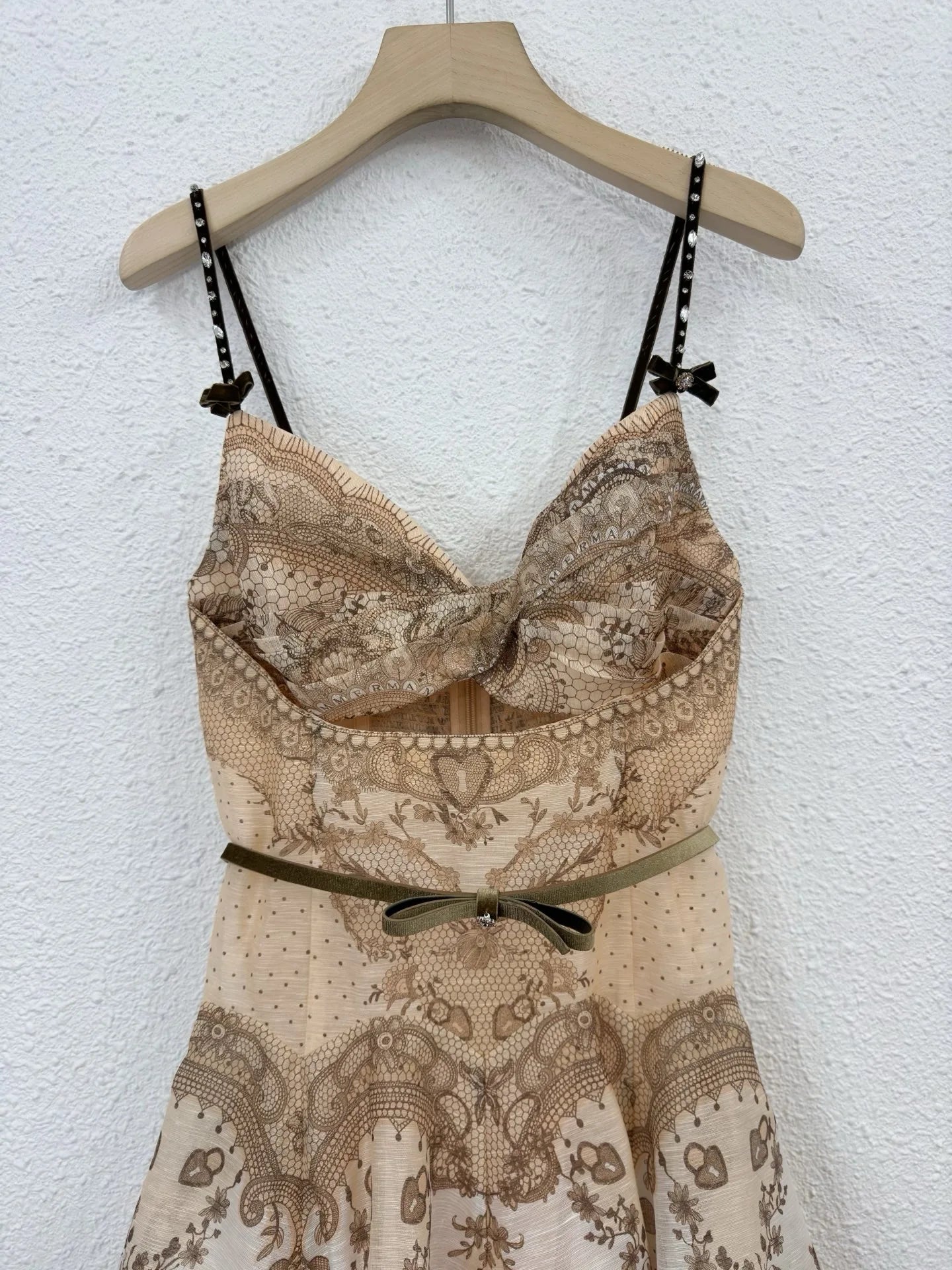 Zimm High Quality Hollow Out Silk Linen Printing Spaghetti Strap Women Midi Dress European Bohemian Vintage Sexy Sweet Elegant