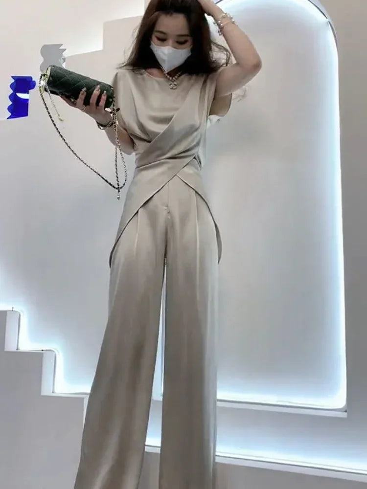 Wide Leg Pant Sets for Women 2 Pieces Summer 2024 Trousers Woman Sexy New Matching Outfit Groups of Fashion Clothing Clothes D