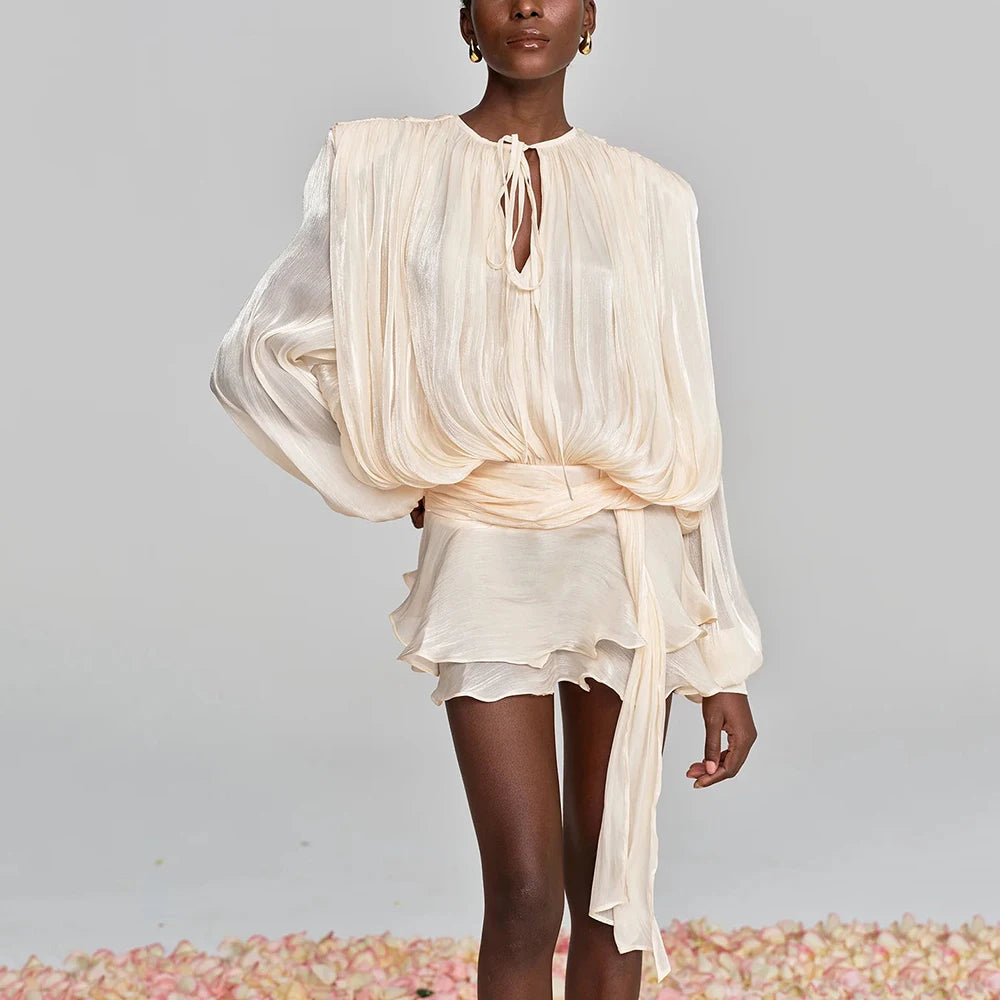 TWOTWINSTYLE Solid Loose Spliced Lace Up Elegant Dresses for Women Round Neck Long Sleeves Patchwork Folds Dress Female Style