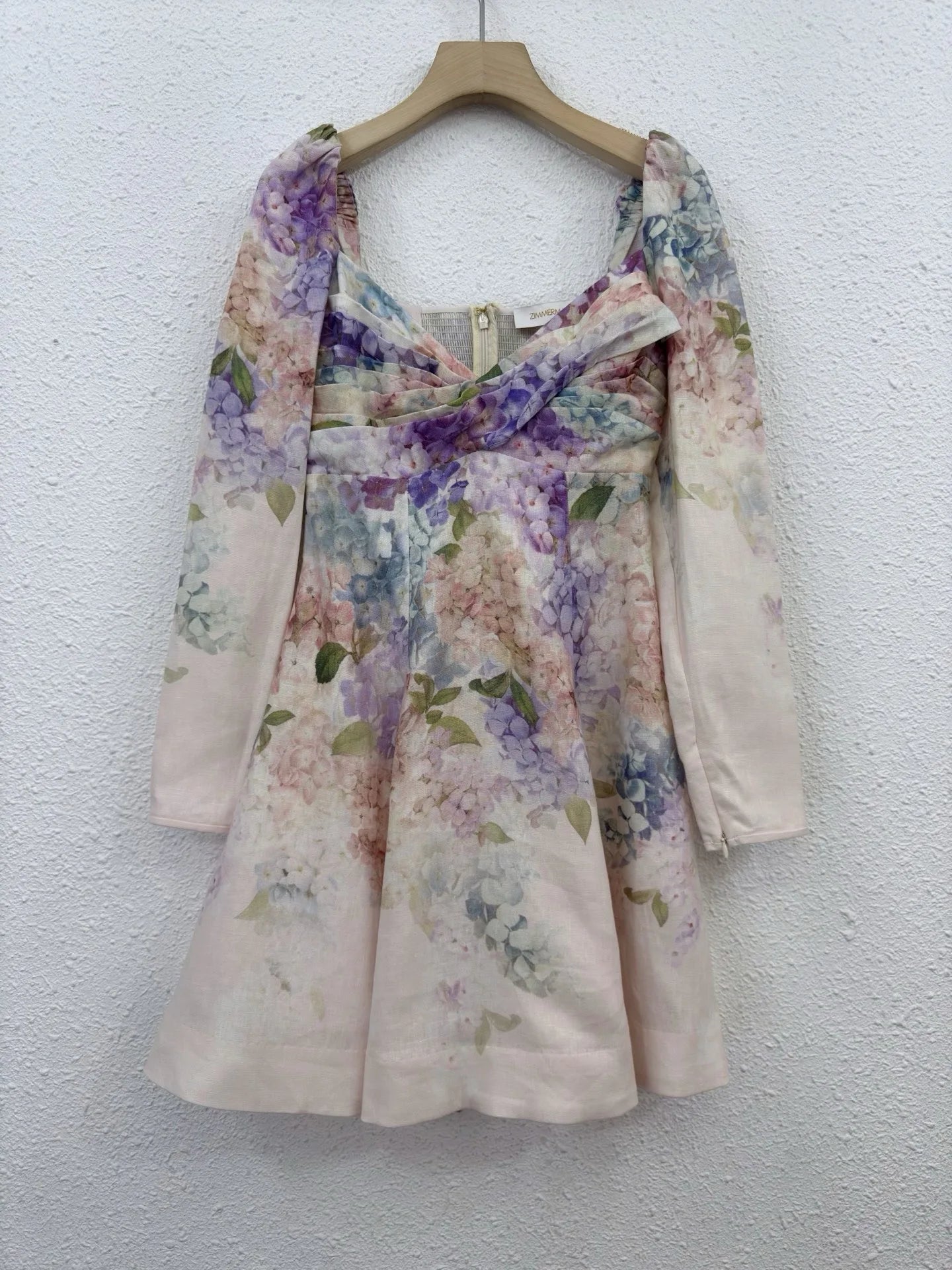 Zimm 100% Linen Women Printing Long Sleeve Mini Dress High Quality Bohemian Vintage Sweet Elegant Chic Luxury A-Line European