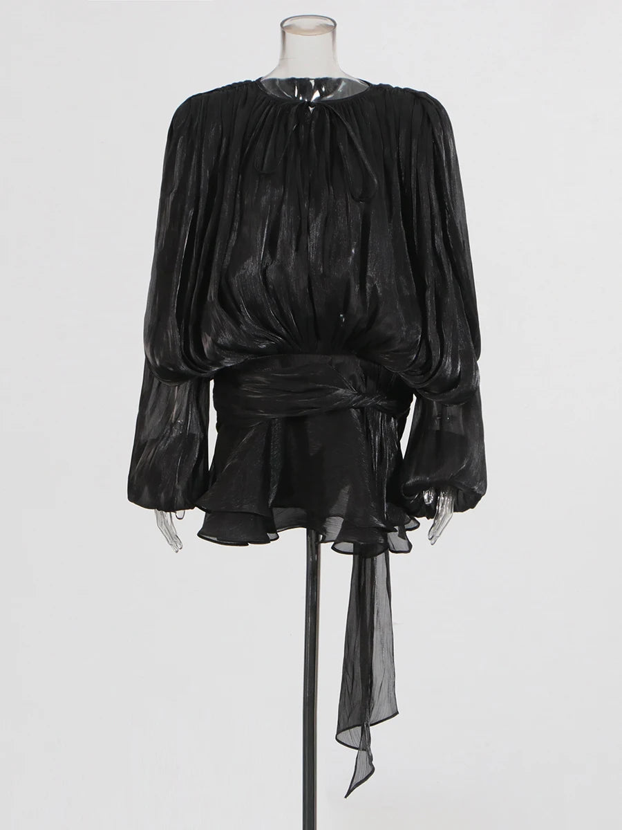 TWOTWINSTYLE Solid Loose Spliced Folds Elegant Dresses for Women Round Neck Long Sleeves Patchwork Lace Up Tunic Dress Female