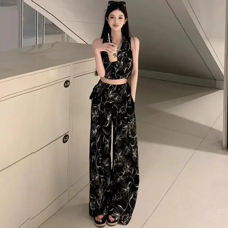 Women's Top And Pants Two Piece Set Summer 2024 Printing Wide Leg Ladies Trouser Y2k Streetwear With Sleeve Offer Korean Style