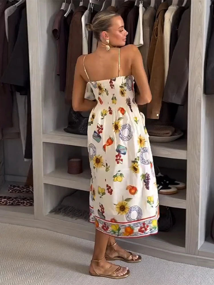 Printed Halter Long Dress Shirt Half Skirt Pleated Slim Fit Vacation Beach Suspender Dress Women Hollowed Out Bow Strap Dress