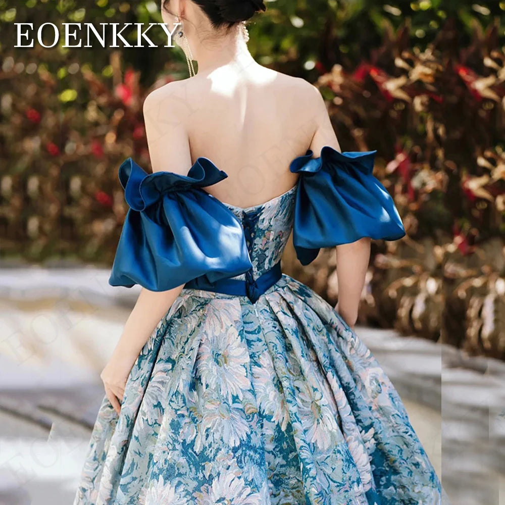 EOENKKY Luxury Floral Print Prom Dresses Blue Removable Puff Sleeves A Line Evening Gowns Formal Floor Length Korean Customized