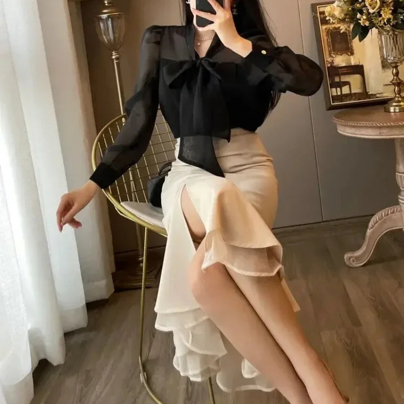 Woman Long Sleeve Dress Bow Dresses for Women Splicing Korean Style Elegant Party Xxl New In Retro Curvy Thic Chic Kpop Pretty X