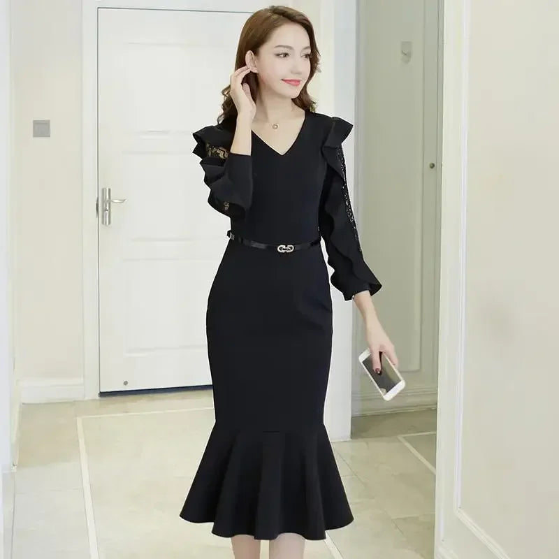 Chiffon Dresses for Women Lace Midi X Korean Style Elegant Chic Beautiful Fashion Designer Hot Vintage G Woman Long Sleeve Dress