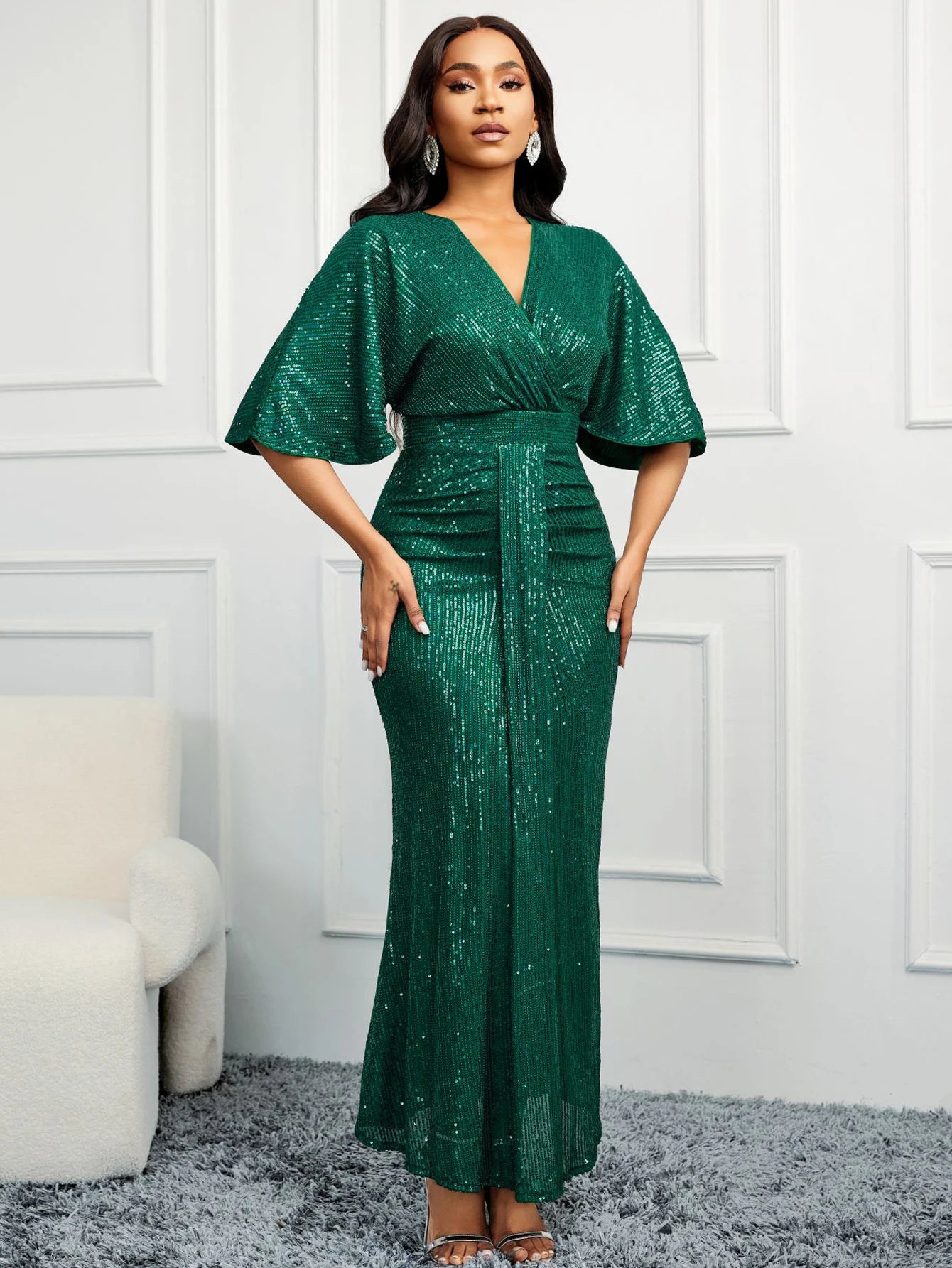 Women Sequin Dress elegant V-Neck