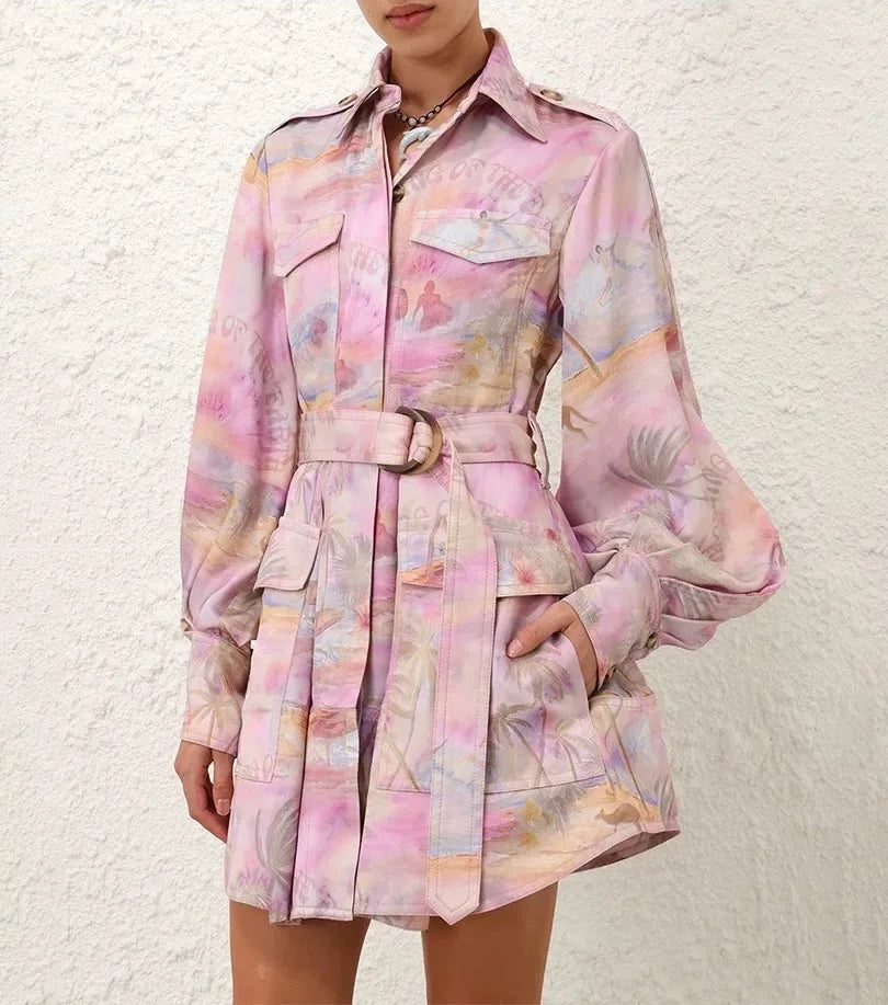 Zimm Bohemian Vintage Turn-down Collar Women Printing Long Lantern Sleeve Mini Dress with Belt High Quality Sweet Elegant Chic