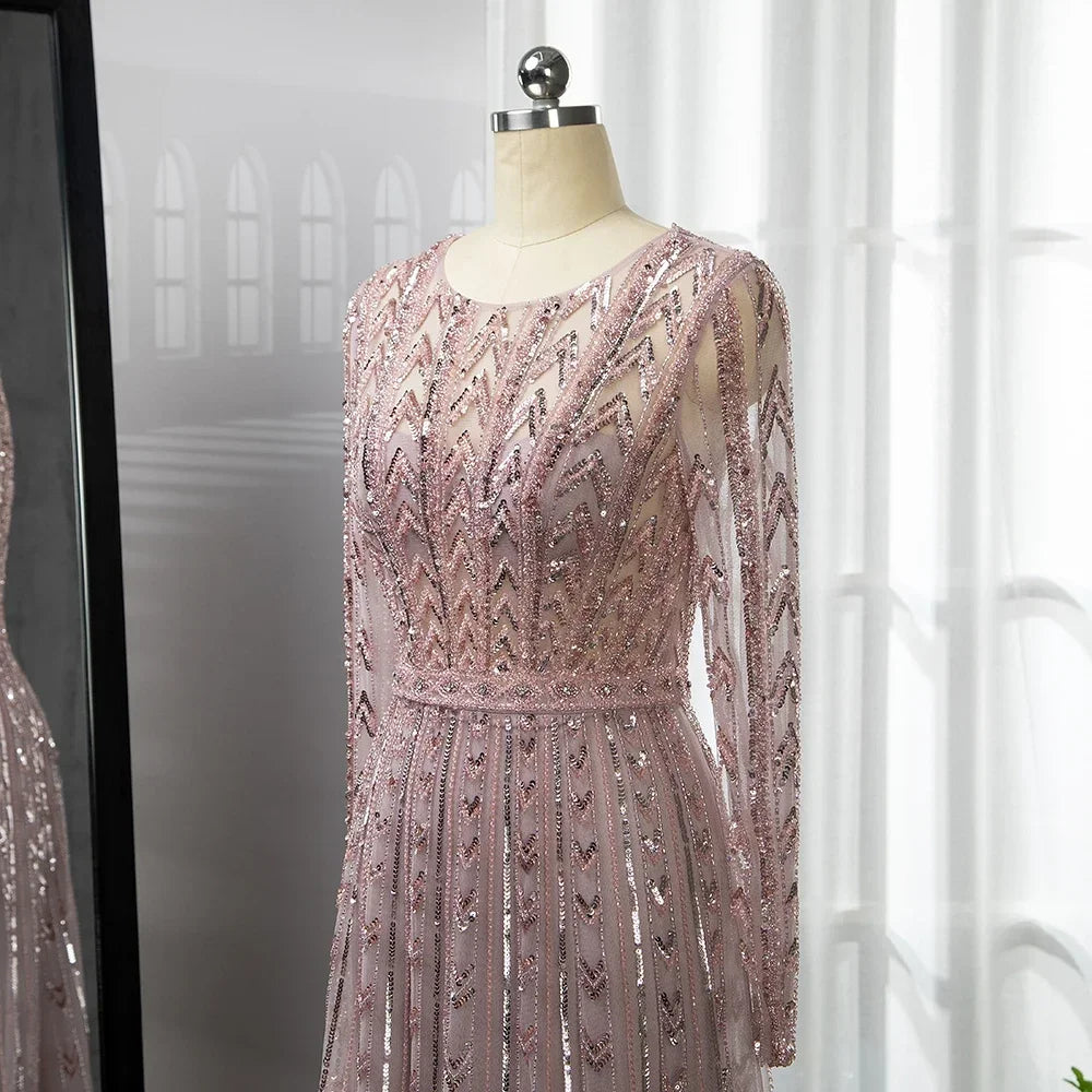 Pink Mermaid Elegant O-Neck Long SleevesEvening Dresses Gowns Luxury Beaded 2024 For Woman Party Customized