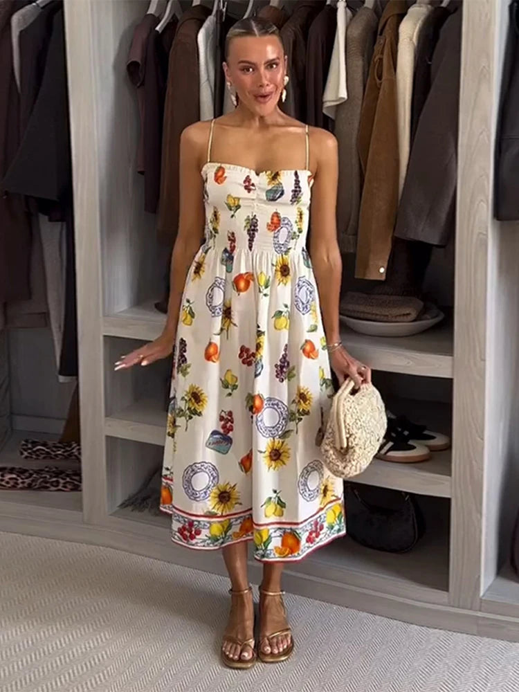 Printed Halter Long Dress Shirt Half Skirt Pleated Slim Fit Vacation Beach Suspender Dress Women Hollowed Out Bow Strap Dress