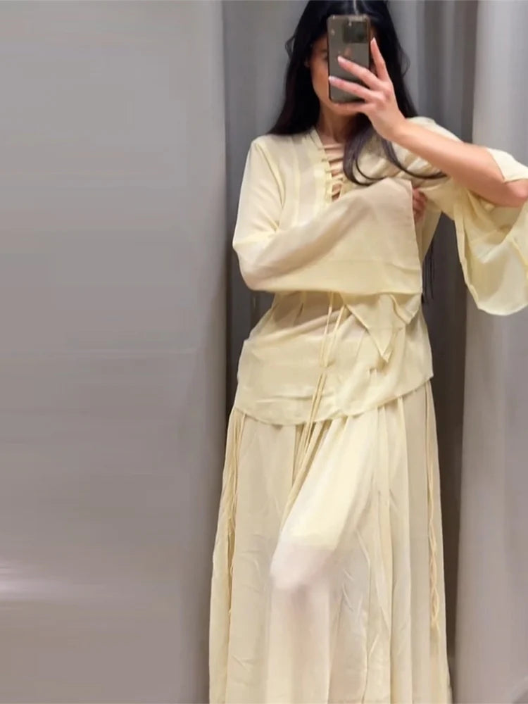 V-Neck Lace Up Shirt Top Yarn Skirt Set Ruffle Pleated Waist Cinched Flared Sleeve Loose Shirts Elastic Waist Blouse Long Skirts