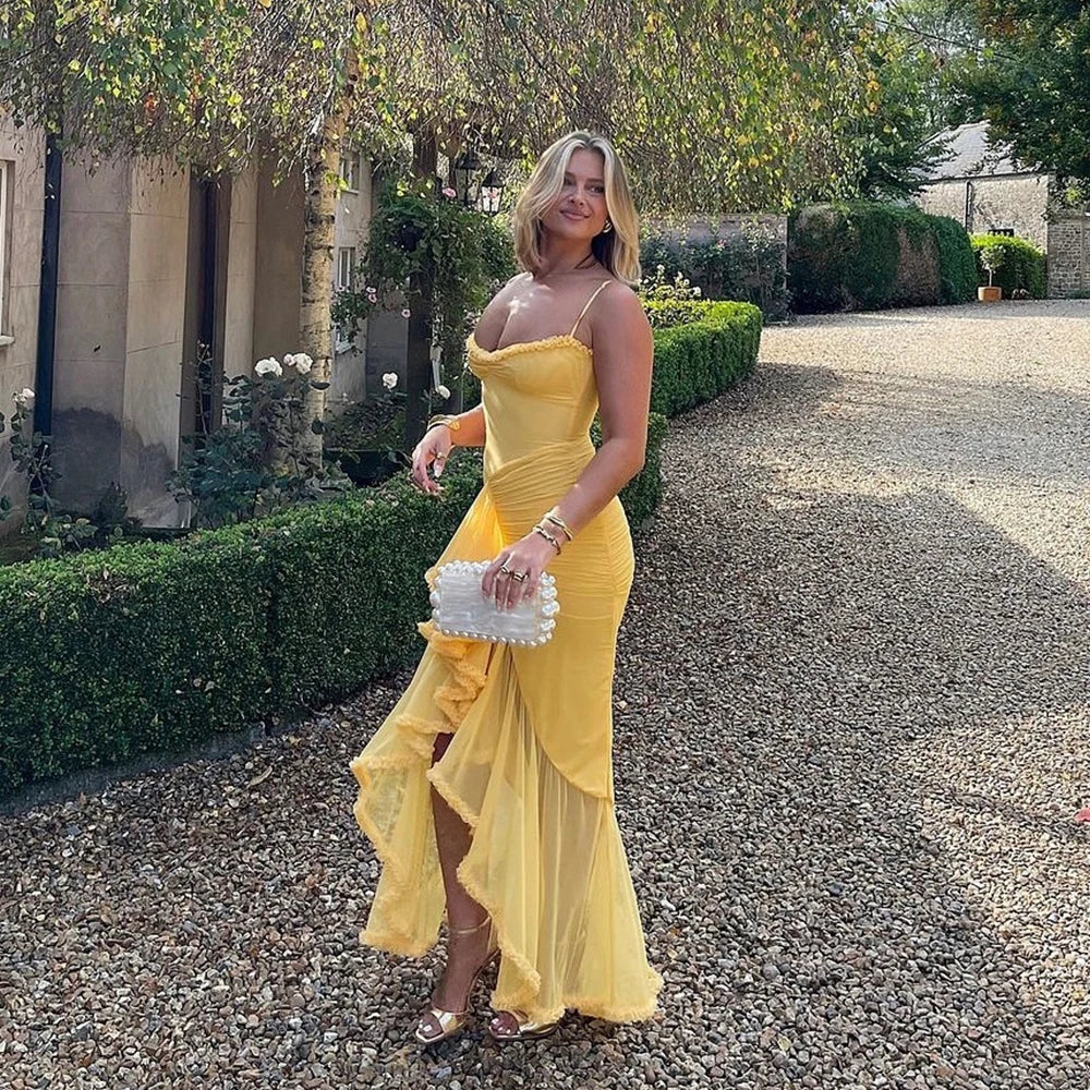 Suninheart Mesh Party Dresses 2024 New Arrivals Spaghetti Strap Bodycon Dress Fashion Ruched Long Dress Women