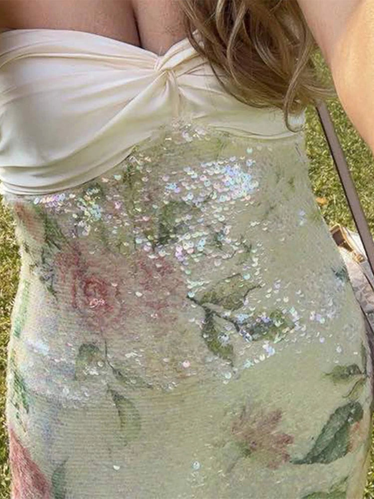 Printed Sequin Strapless Dress Silk Satin Patchwork Split Waist Cinching Slim Fit Floral Beach Holiday Long Dresses Party Robes
