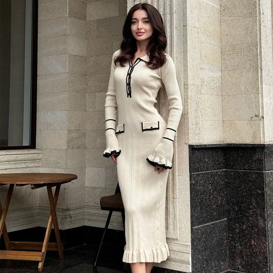 Talenza Knitted Ruffle Lapel Dress Women's Elegant Long Sleeve Vintage Dress Fashion Contrast Pocket High Waist Knitted Dress