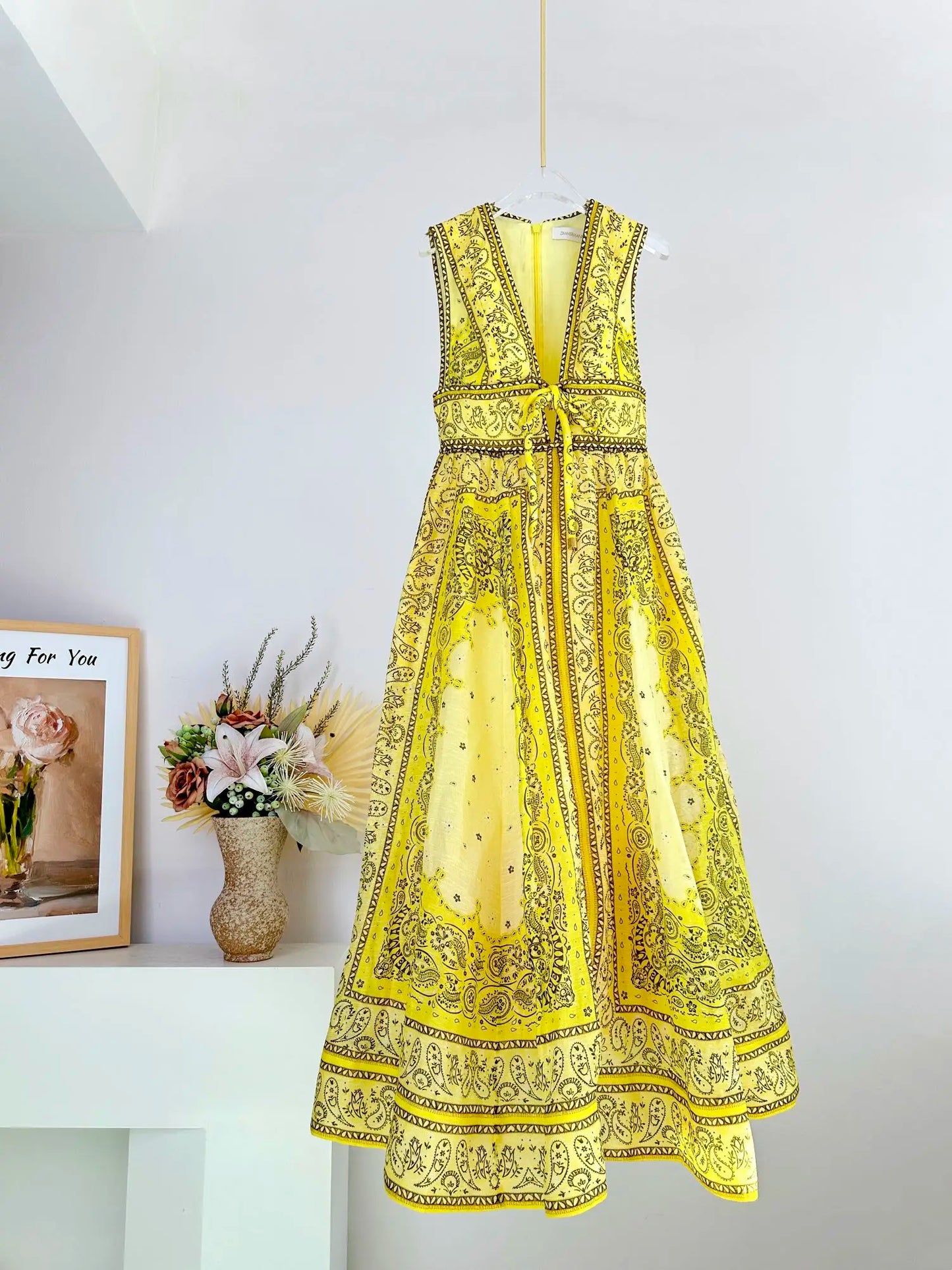 Zimm Silk Linen V Neck Sleeveless Summer Women Dress Runway Designer Chic High Quality