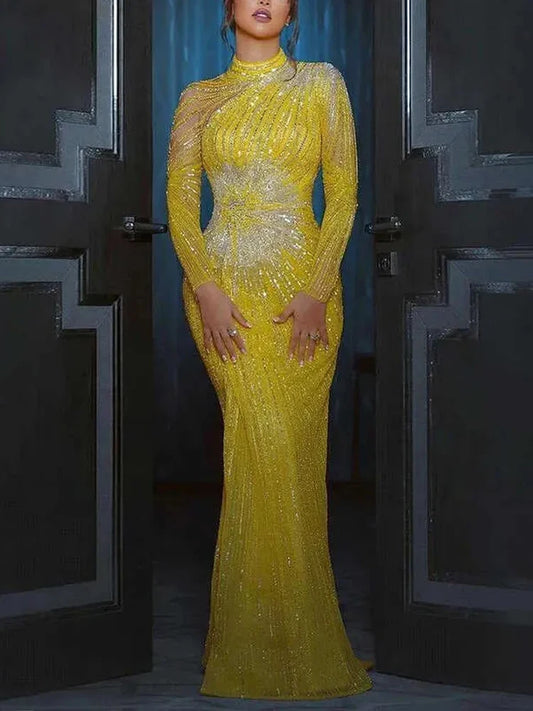 Luxury Yellow Mermaid Evening Dresses For Women High Neck Long Sleeves Beaded Sparkly Prom Gowns 2025 Wedding Party vestido