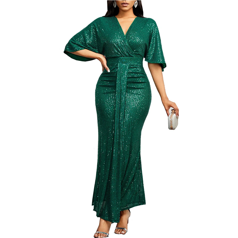 Women Sequin Dress elegant V-Neck