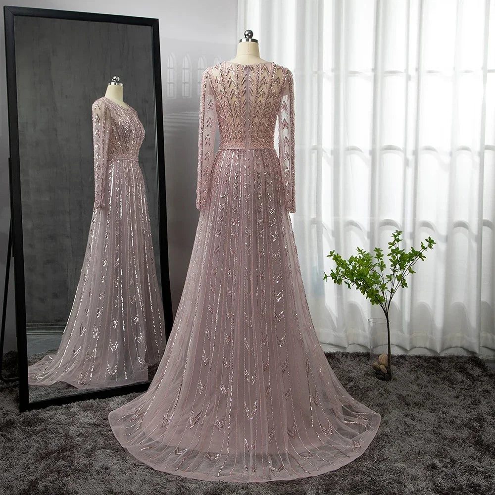 Pink Mermaid Elegant O-Neck Long SleevesEvening Dresses Gowns Luxury Beaded 2024 For Woman Party Customized