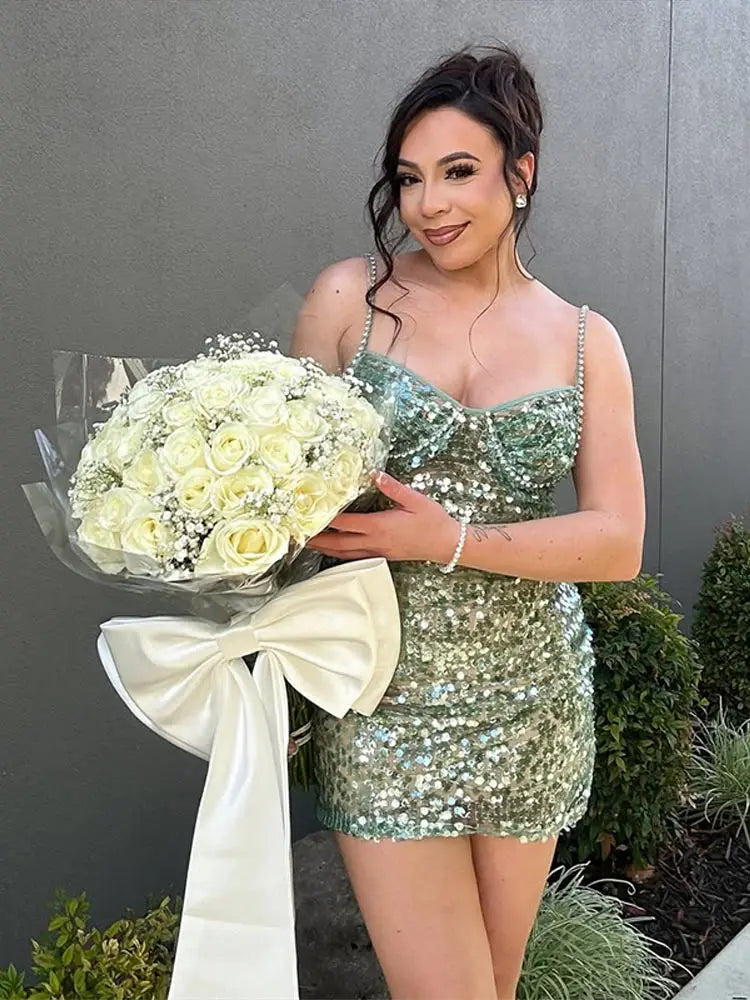 Halter Sequin Short Dress Green Rhinestone Strap Ladies Socialite Gown Bead Waist Cinching Slim Fit Suspender Sparkle Dresses