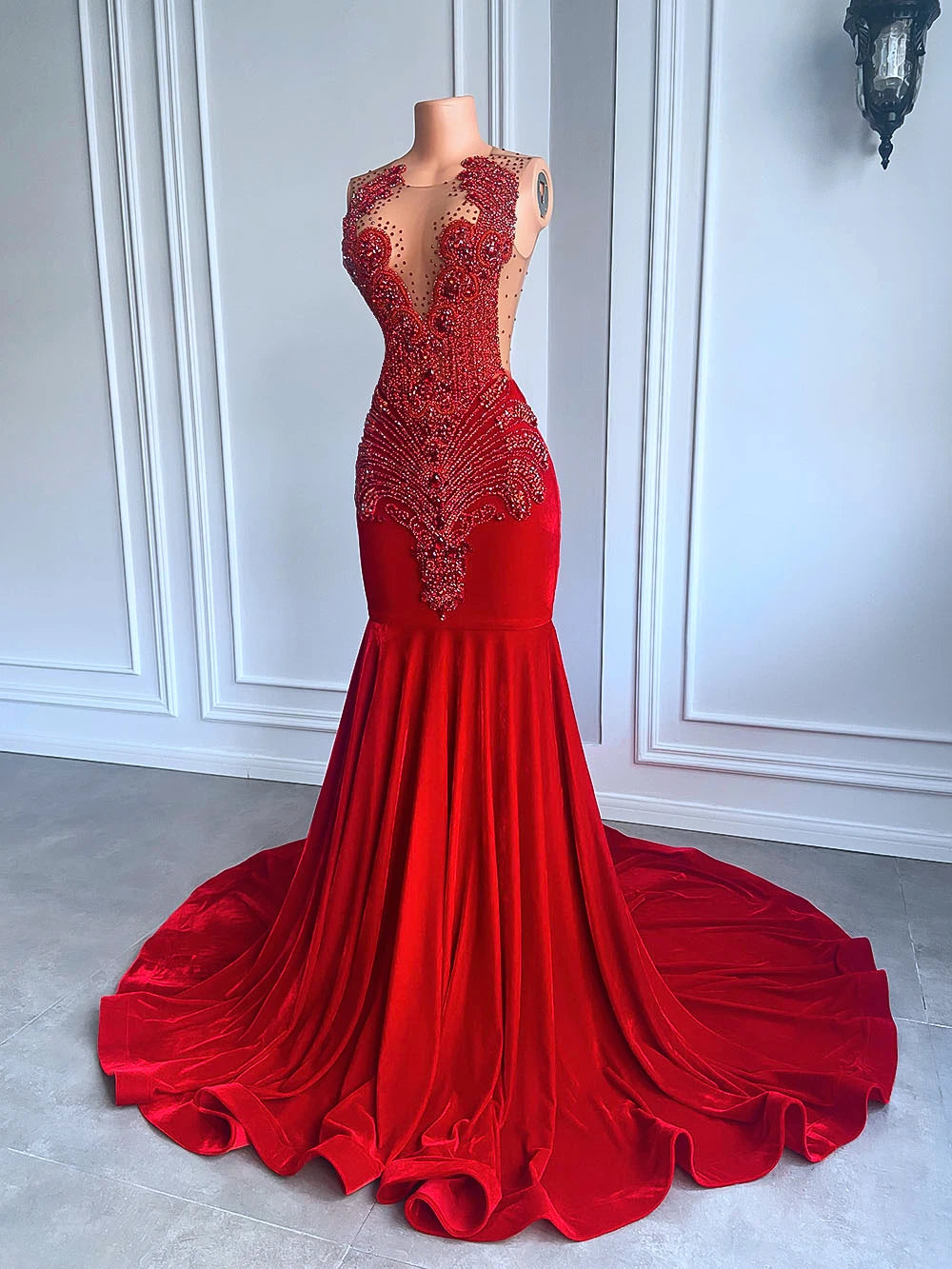 Long Prom Dresses 2025 Luxury Sparkly Beaded Diamond Sexy Mermaid Sheer Top Black Girl Red Velvet Prom Gala Gowns