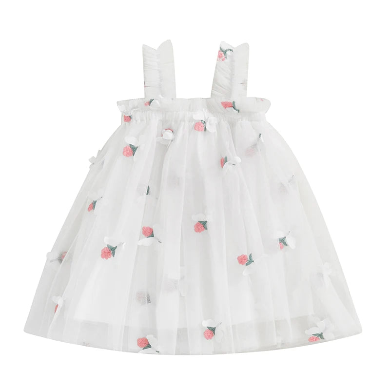 Girls Sleeveless Floral Embroidered Tulle Princess Dress with Butterfly Detail - A-Line Summer Slip Dress for Toddlers