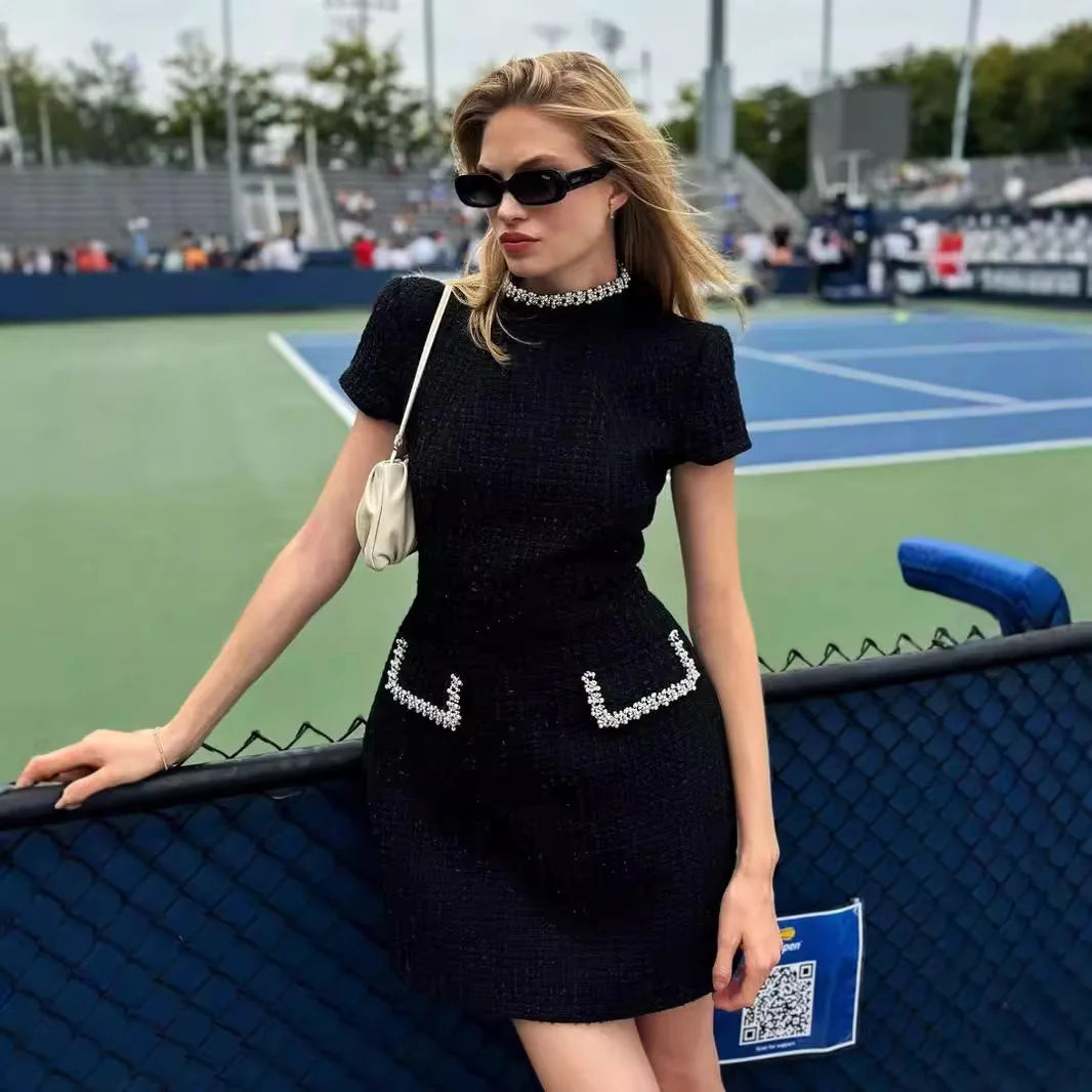 White Shoulder Pad Short Sleeve Party Dress