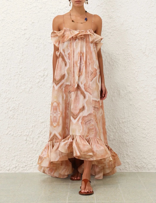 Zimm Vintage Bohemian Runway Designer Silk Linen Floral Printing Spaghetti Strap Women Midi Dress Chic Elegant Luxury