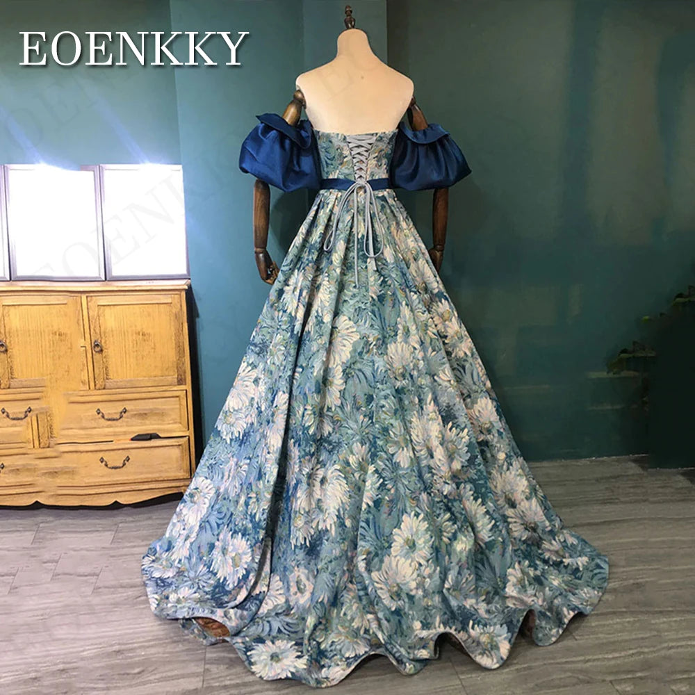 EOENKKY Luxury Floral Print Prom Dresses Blue Removable Puff Sleeves A Line Evening Gowns Formal Floor Length Korean Customized