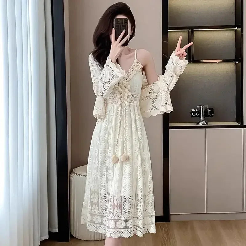Chic and Elegant Pretty Woman Long Sleeve Dress Vintage Hollow Beautiful Harajuku Trendy Korean Fashion G Y2k Dresses for Women