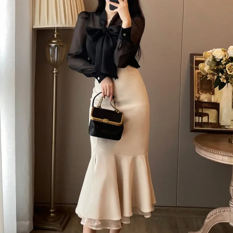 Maxi Sexy Women's Two Piece Set Party Black Long Sleeve Skirt Female Outfits Slit Vintage Clothing New Arrivals in The Same Full