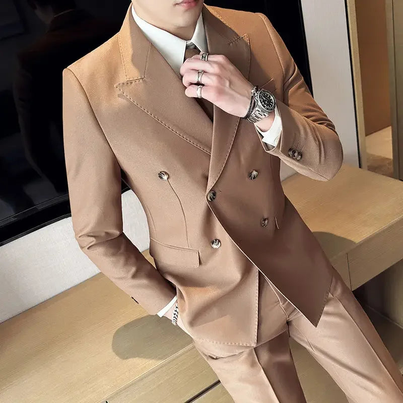 Spring Autumn 2 Piece   Male Double Breasted Classic Gentleman  Luxury