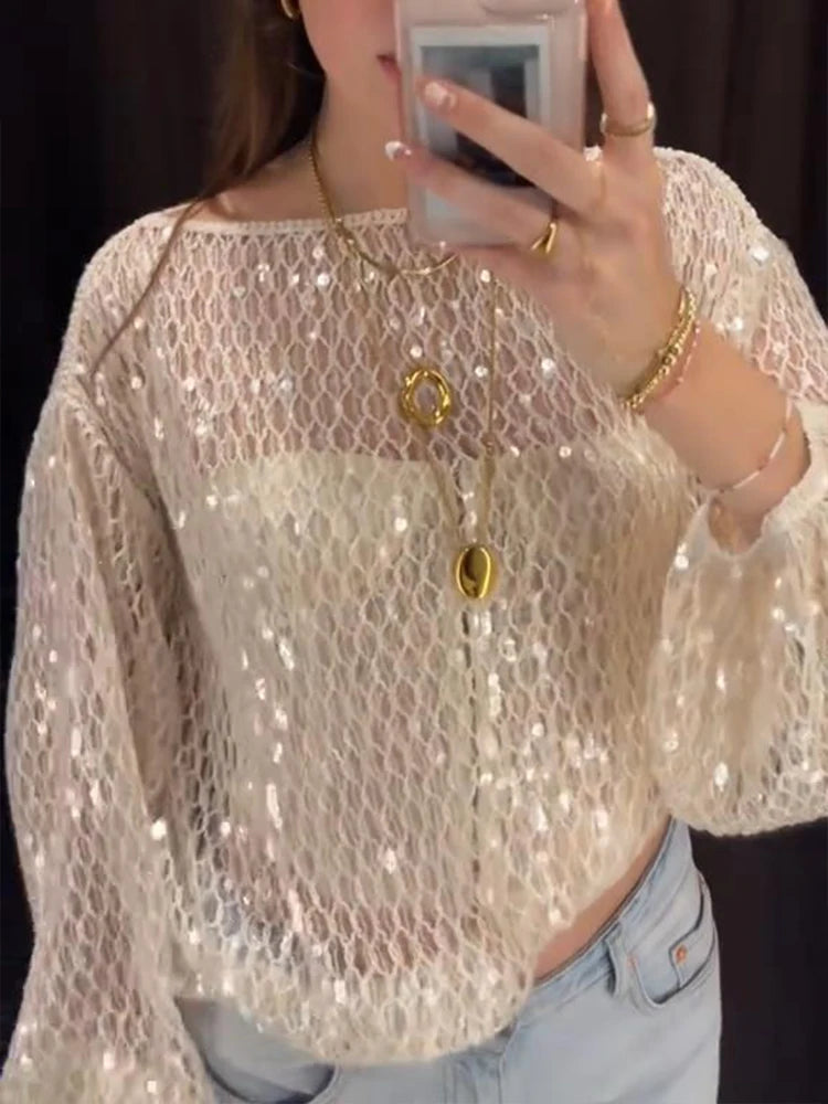 Sequin Mesh Top T-Shirt Knitted Hollowed Out Beads Sparkling Round Neck Long Sleeves Loose Women Short Blouse Knitwear Pullover