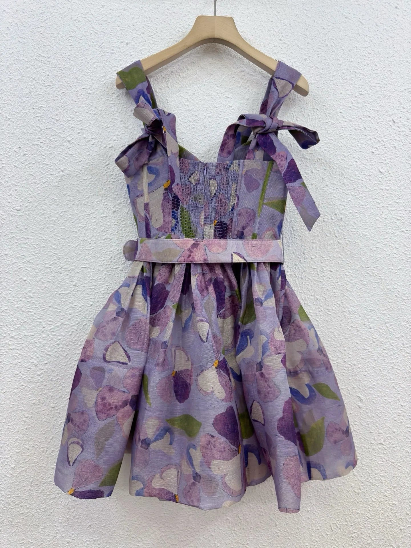 Zimm High Quality Lace-up Women Silk Linen Printing Spaghetti Strap Mini Dress with Belt European Bohemian Vintage Sexy Sweet