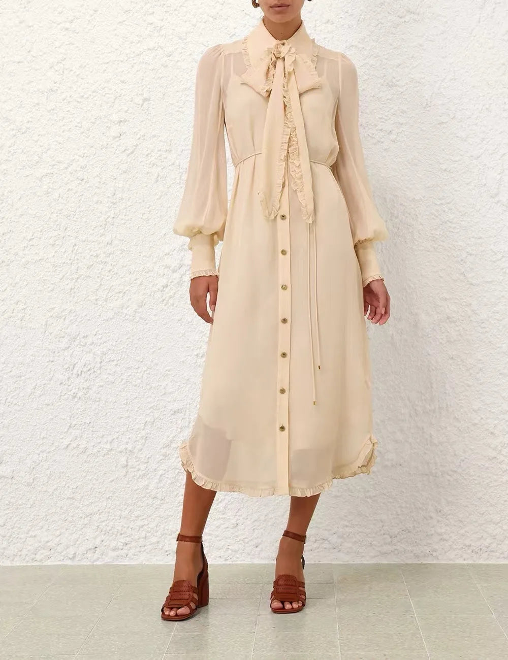 Zimm Vintage Bohemian Women Long Lantern Sleeve Lace-up Turn-down Collar Solid Midi Dress Chic Elegant Luxury Runway Designer
