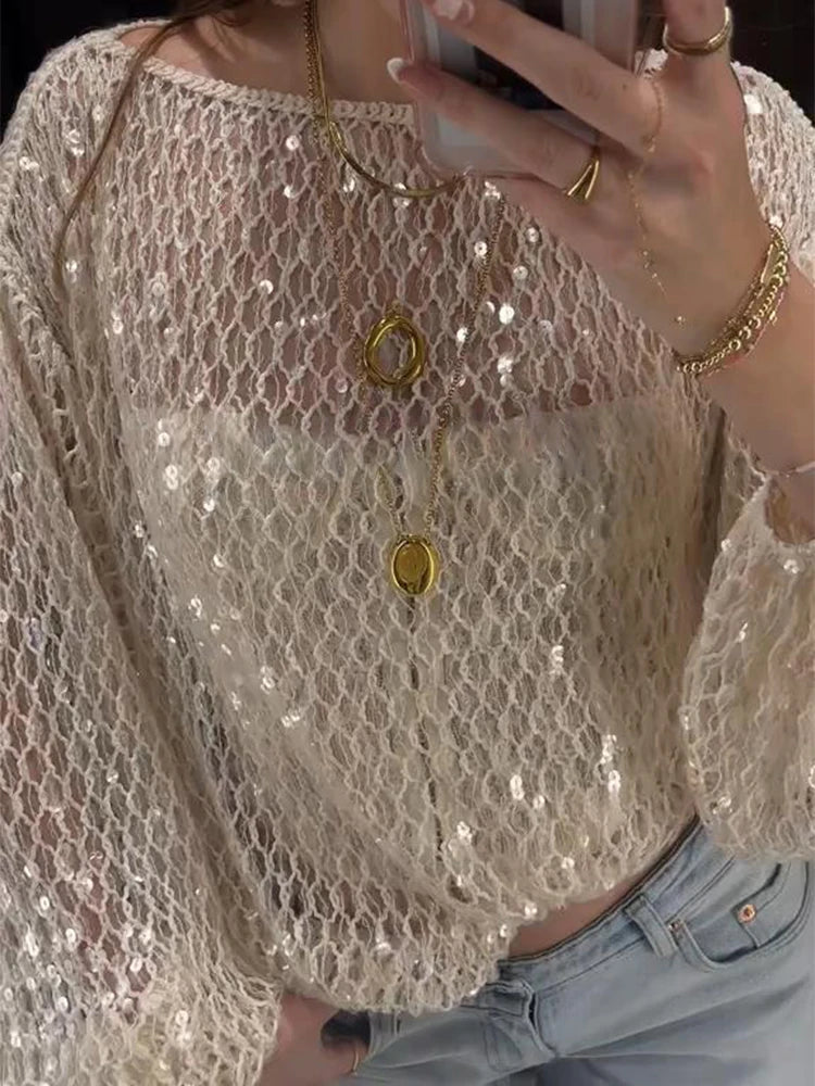 Sequin Mesh Top T-Shirt Knitted Hollowed Out Beads Sparkling Round Neck Long Sleeves Loose Women Short Blouse Knitwear Pullover