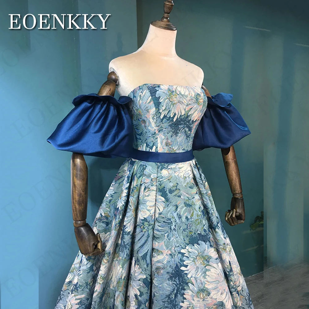 EOENKKY Luxury Floral Print Prom Dresses Blue Removable Puff Sleeves A Line Evening Gowns Formal Floor Length Korean Customized