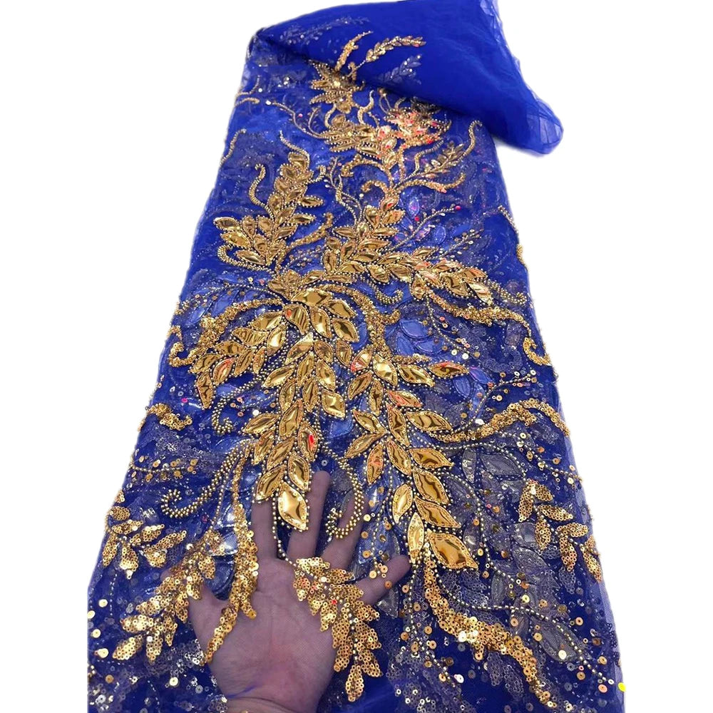 French Guipure Beaded Glitter Sequin lace Fabrics Quality For Sewing Wedding Dress Blue Tulle Lace Floral Embroidery Fabric