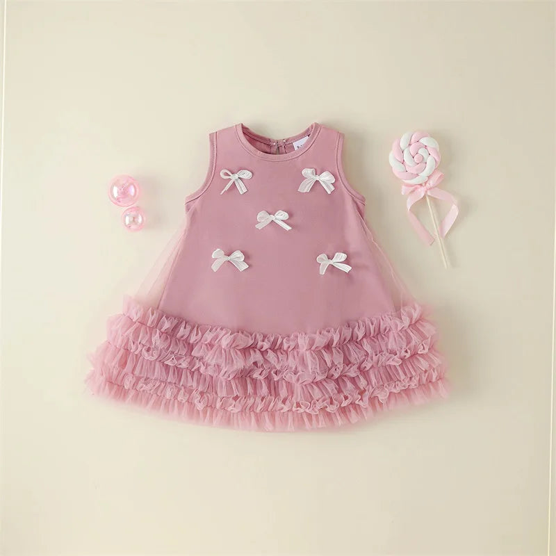 Lioraitiin 9M-4Y Toddler Kid Girls Dress Children Sleeveless Crew Neck Bow Tulle Dress Summer Casual Princess Dress A-line Dress