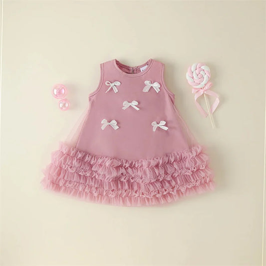 Lioraitiin 9M-4Y Toddler Kid Girls Dress Children Sleeveless Crew Neck Bow Tulle Dress Summer Casual Princess Dress A-line Dress