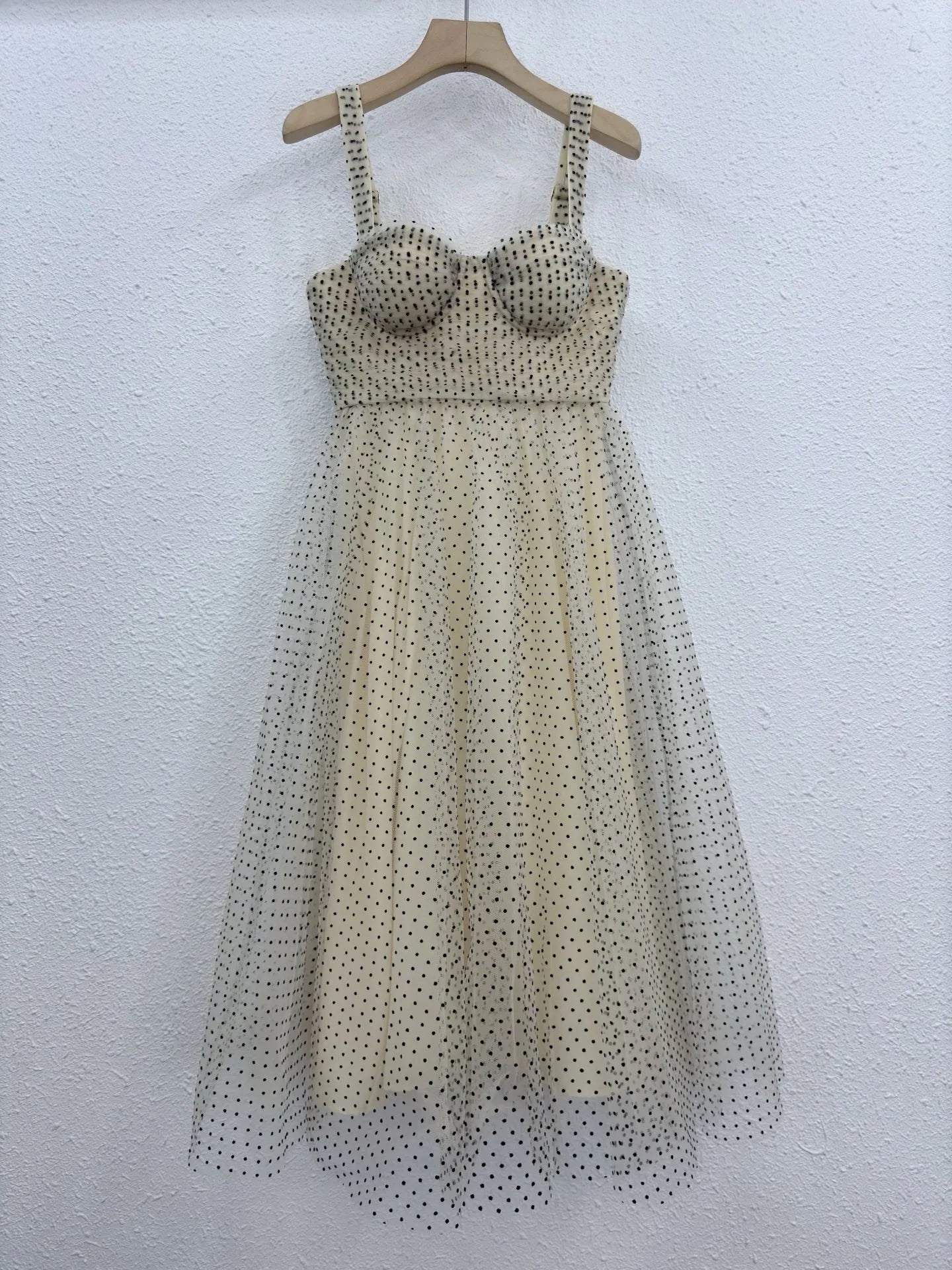 Zimm Bohemian Vintage Runway Designer Spaghetti Strap Women Dot Mesh Midi Dress European High Quality Sexy Sweet Elegant Chic