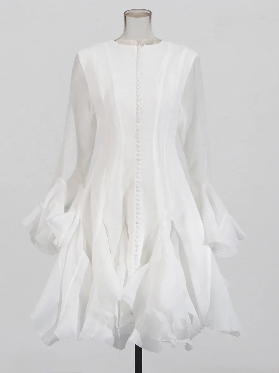 TWOTWINSTYLE Solid Slimming Spliced Folds Dresses for Women Round Neck Long Sleeves Patchwork Buttons Dress Female Clothing New